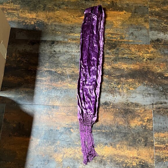Purple Crushed Velvet Scarf with Macrame Fringe, 85" x 5.5" - Picture 7 of 7